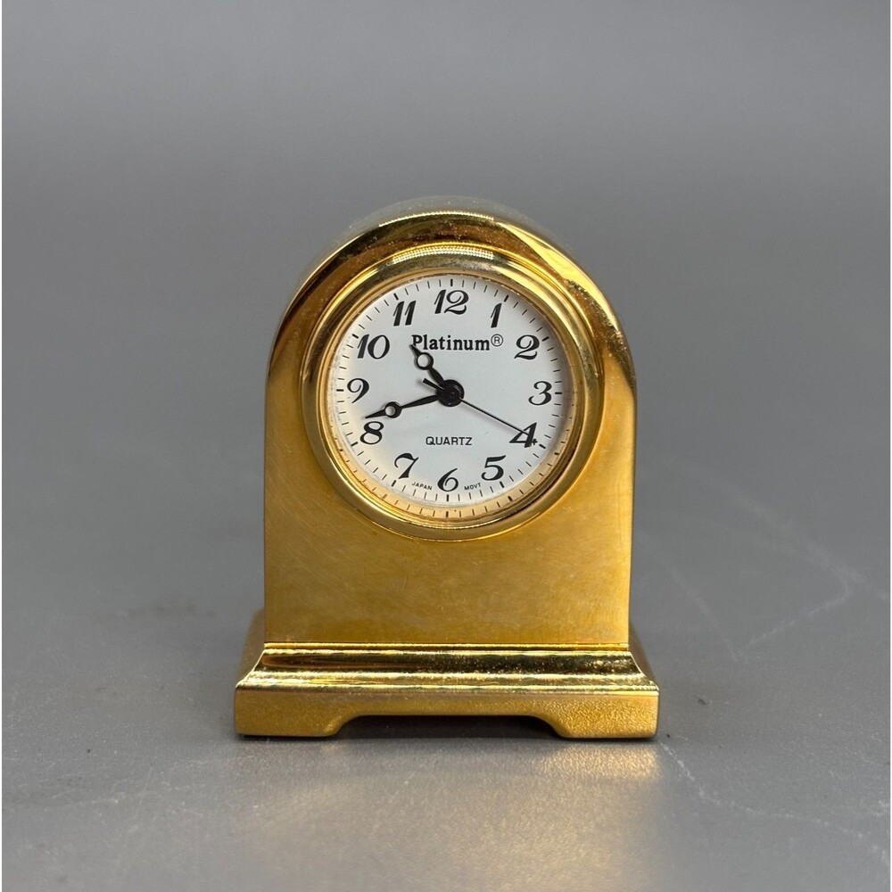 Platinum Mini Desk Clock Gold Tone Quartz Japan Movt Mantel Shelf Vintage Clock
